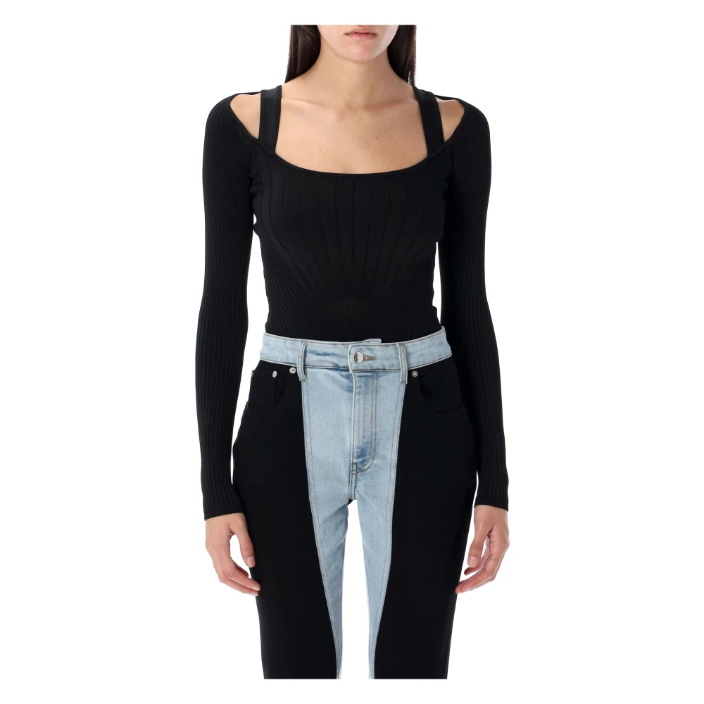 Mugler Zwart Sculpting Gebreide Bodysuit Topwear Black Dames
