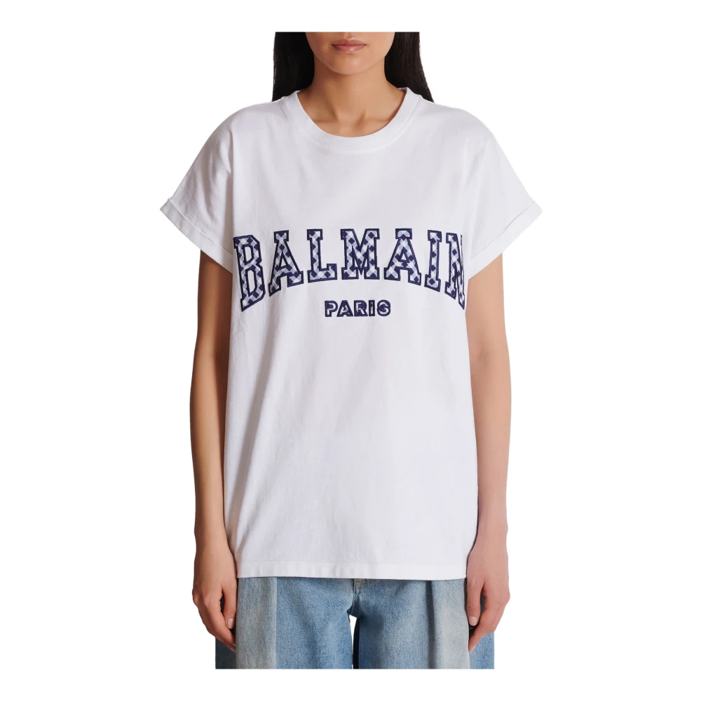 Balmain T-shirt met gingham ruit in Parijse stijl White Dames
