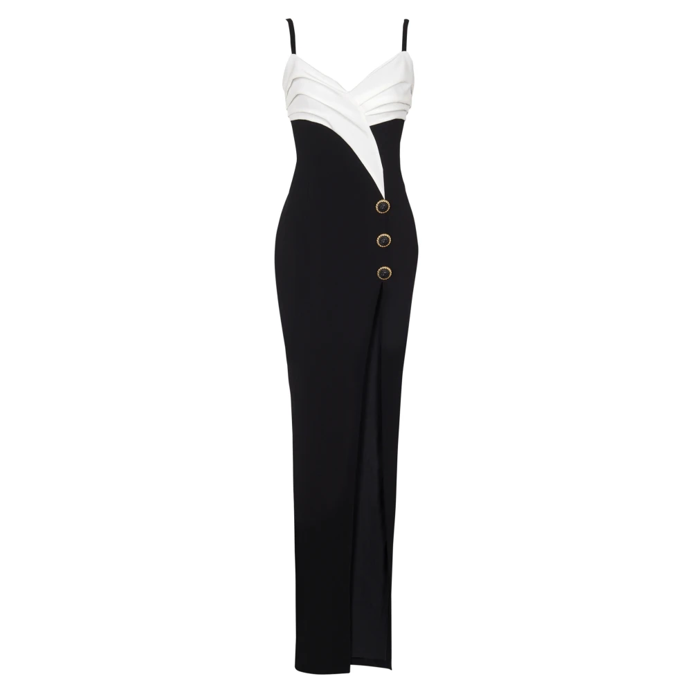 Balmain Tweekleurige Lange Crêpe Jurk met Beensplit Black Dames