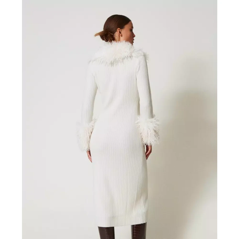 Twinset Lang Geribbeld Wollen Blend Vest Jurk White Dames