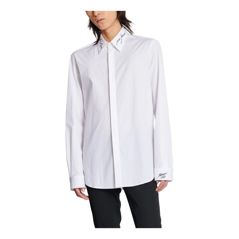 Balmain Popeline overhemd met geborduurde kraag White Heren