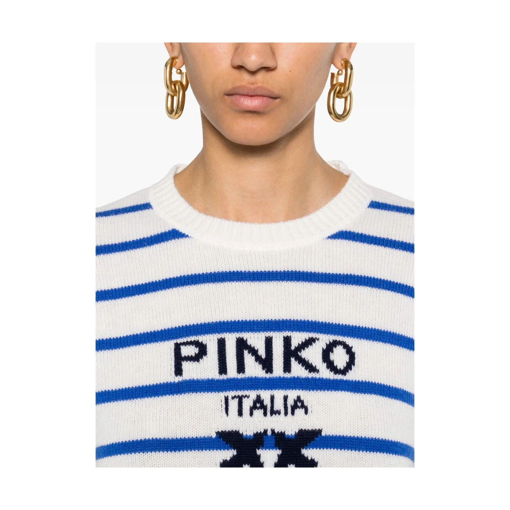 pinko Jacquard Logo Crew Neck Sweater White Dames
