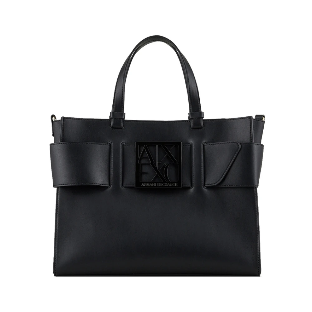 Armani Exchange Women's Black Faux Leather Handbag With Logo - Shopping Bags - One Size - Bags