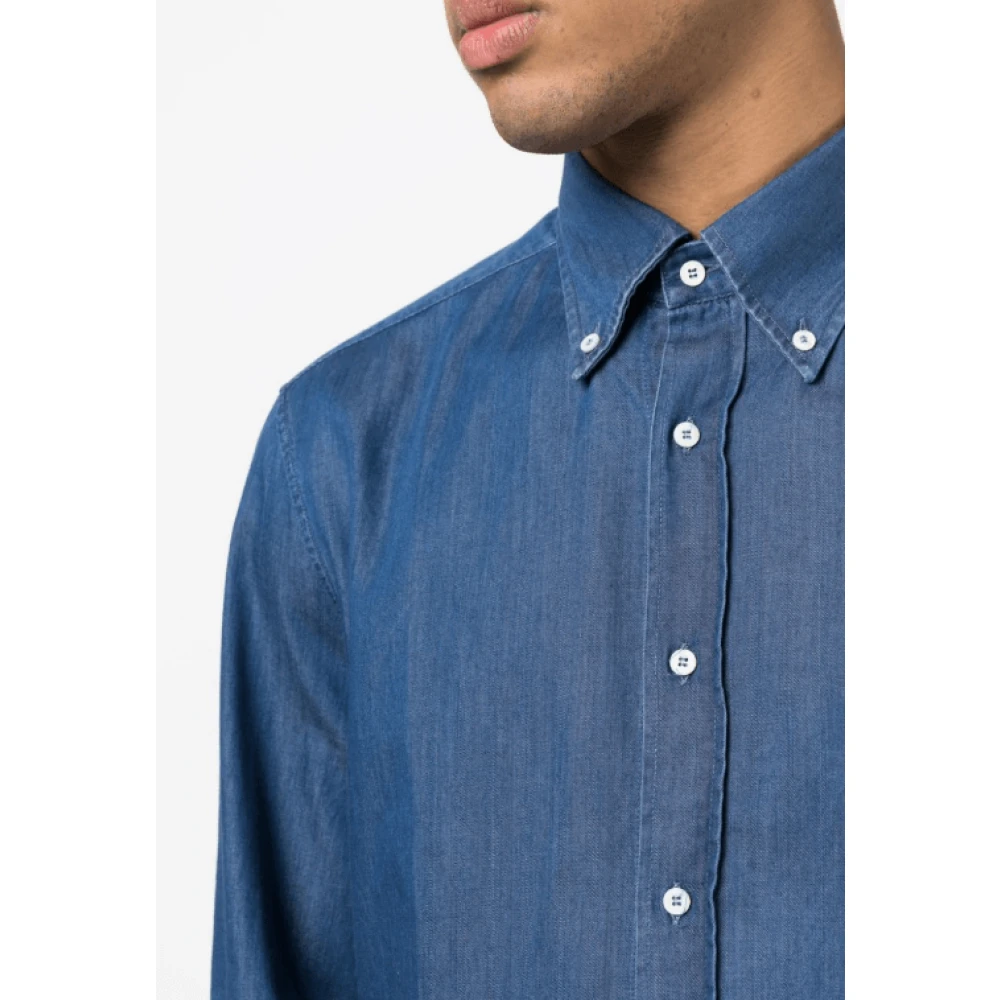 BRUNELLO CUCINELLI Blauwe Denim Katoenen Overhemd Klassieke Kraag Blue Heren