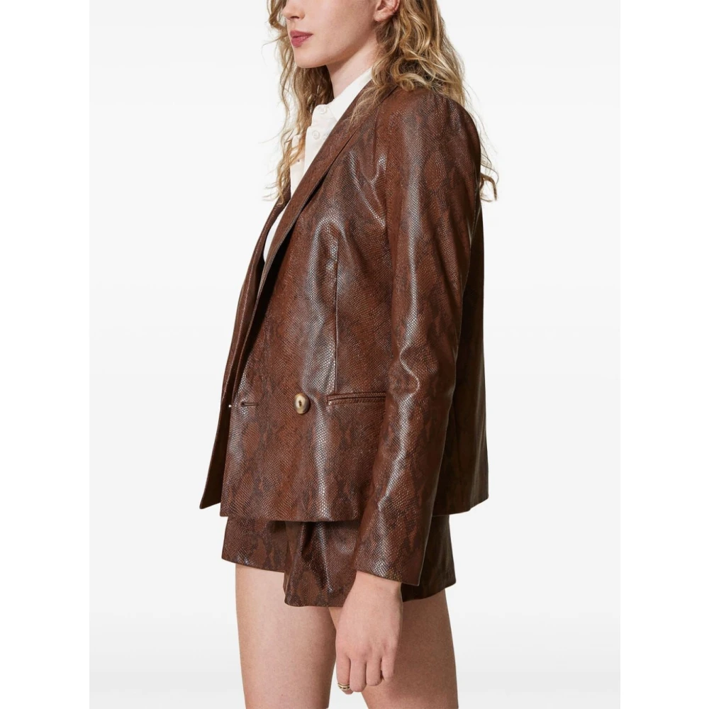 Twinset Bruin Nep Leren Double-Breasted Jas Brown Dames