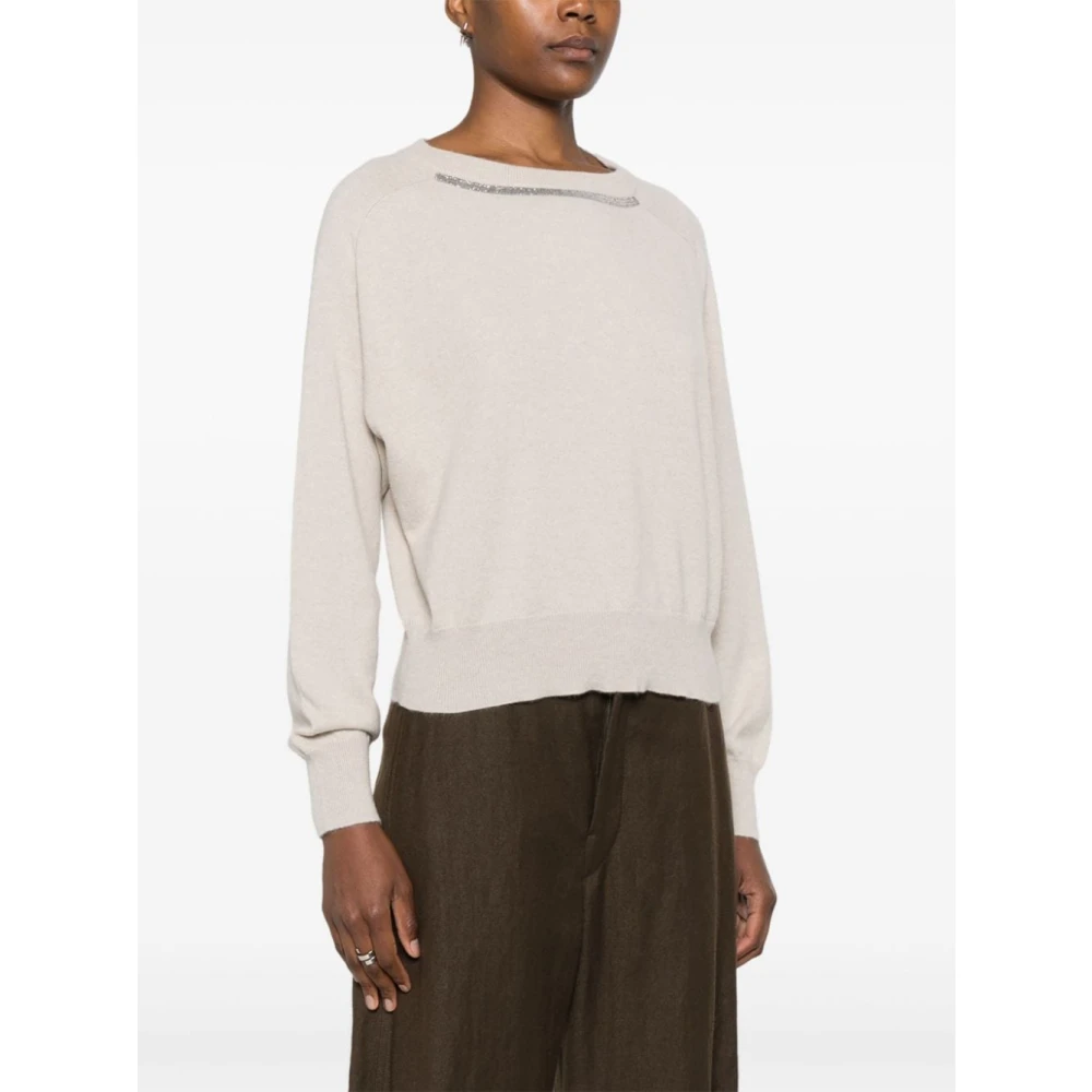 BRUNELLO CUCINELLI Kasjmier Beige Gebreide Trui Ronde Hals Beige Dames