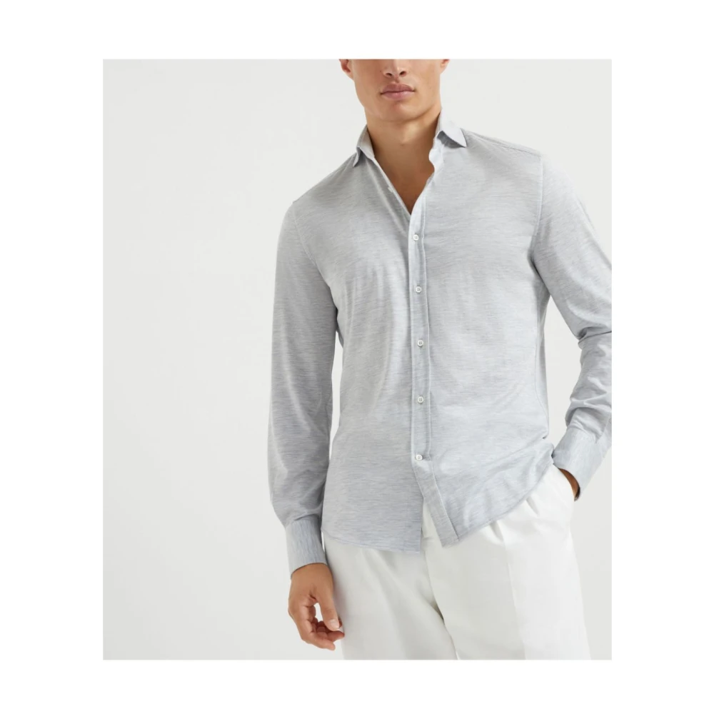 BRUNELLO CUCINELLI Zijden en Katoenen Jersey Shirt Gray Heren