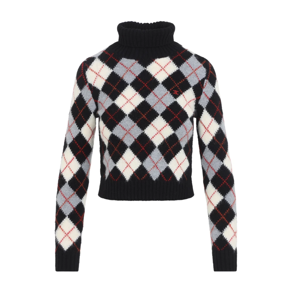 Celine Women's Black Turtleneck Jumper In Argyle Wool - Turtlenecks - M - Knitwear