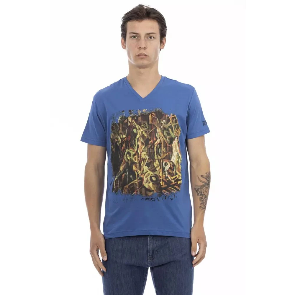 Trussardi Men's Blue T-Shirts, L, Elegant Tee With V-Neck And Frontprint