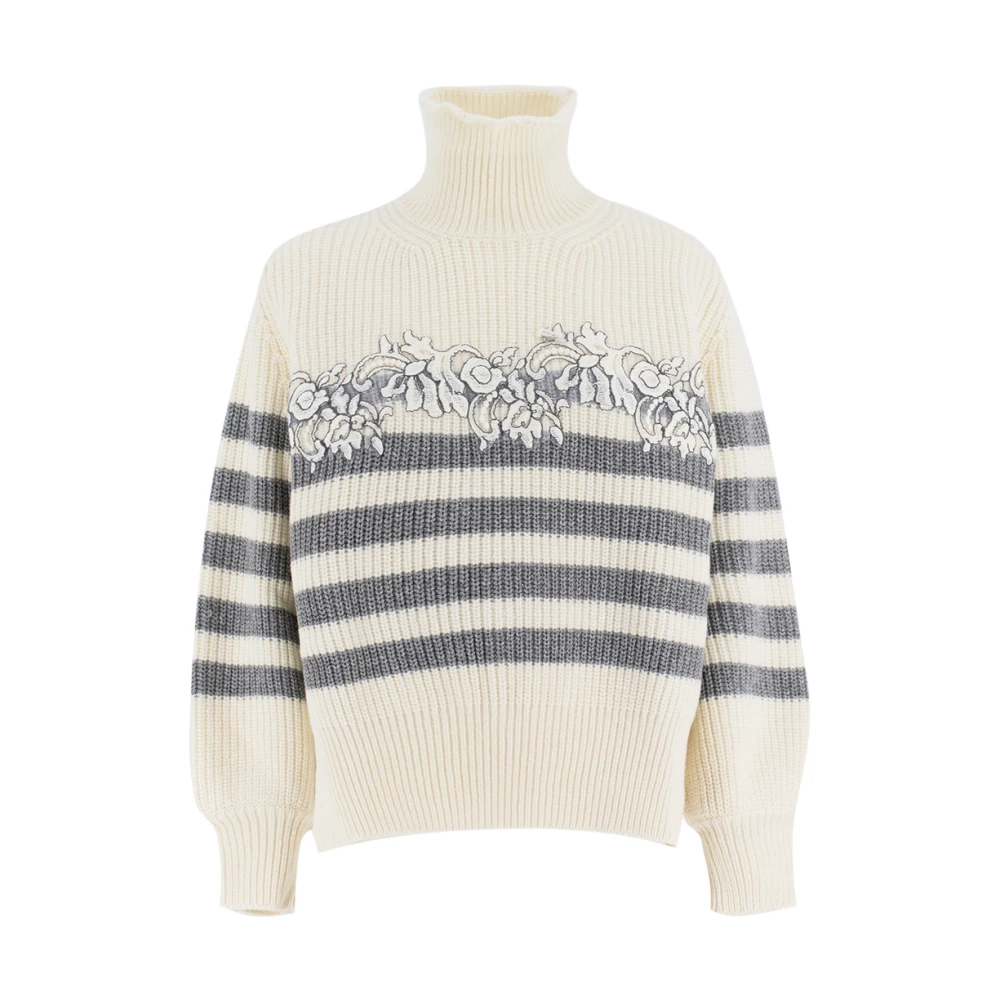 Ermanno Scervino Gestreepte Turtleneck Trui met Kantapplicaties Beige Dames