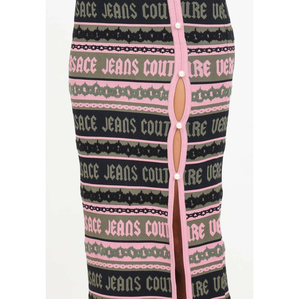 Versace Jeans Couture Elegante Gothic Logo Gebreide Midi Jurk Multicolor Dames