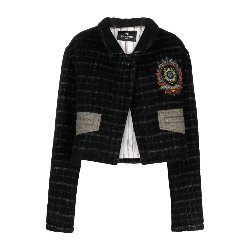 Etro Black Check Pattern Jacket With Floral Embroidery - Female - Light Jackets - Xs - Jackets