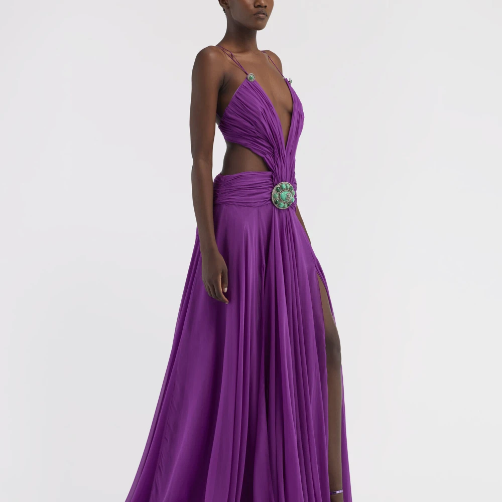 Roberto Cavalli Zijden jurk met uitsparingen Diepe V-hals Purple Dames