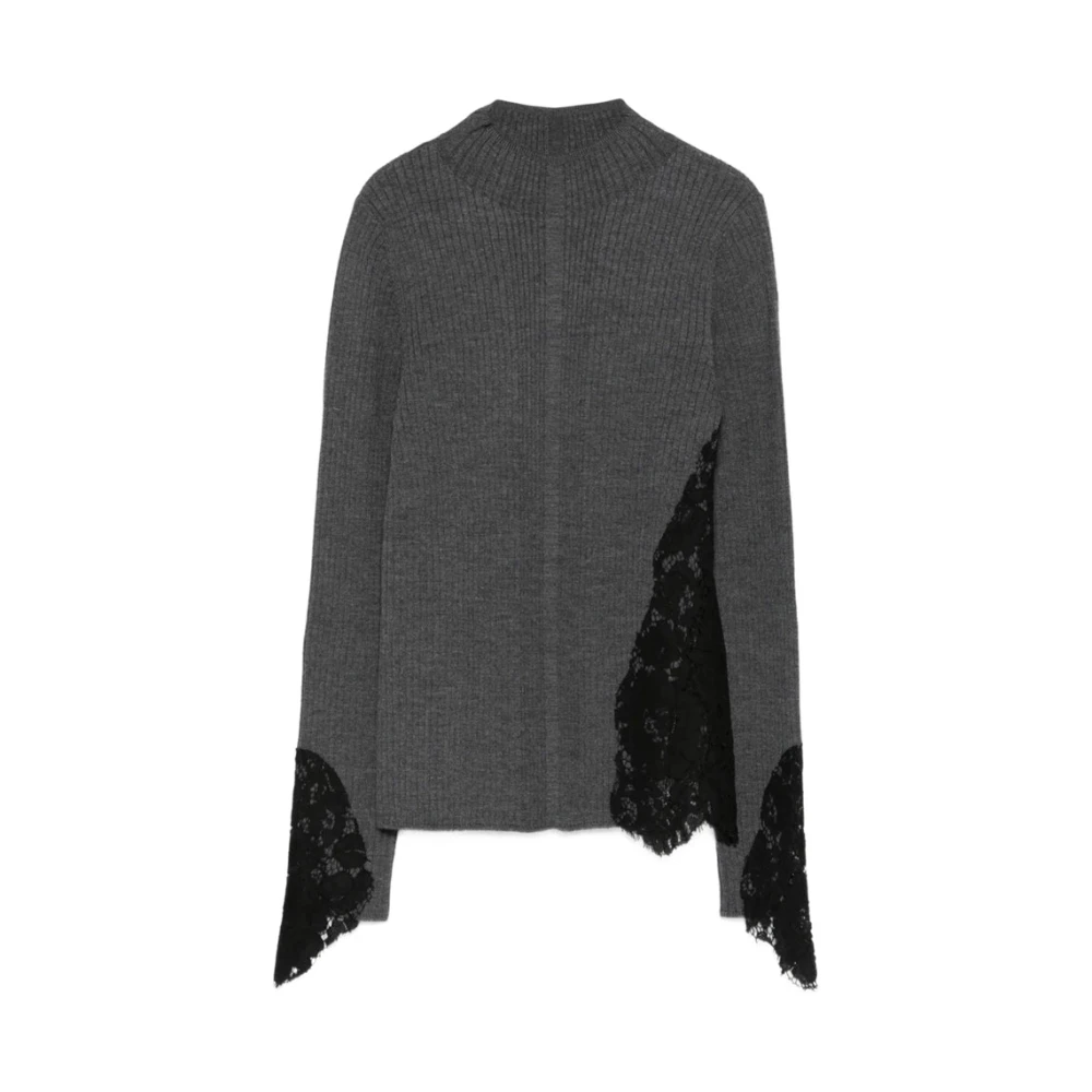 Pinko Women's Gray Turtlenecks, S, Samoa Lace-Insert Ribbed Jumper