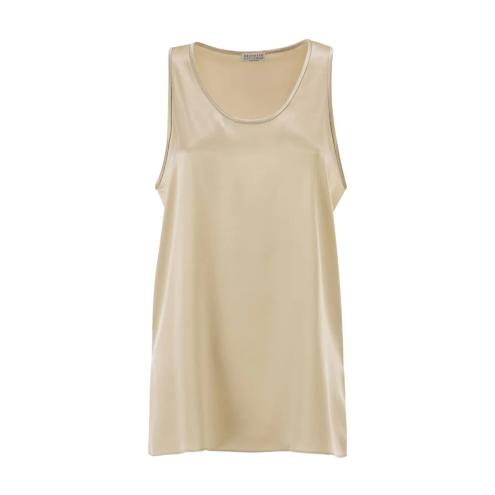 Brunello Cucinelli Satin Scoop-Neck Top - Female - Sleeveless Tops - Beige - L - Tops