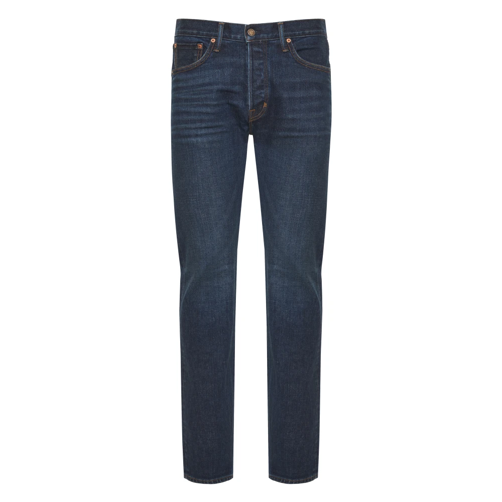 Tom Ford Katoenmix Jeans met Leren Logo Blue Heren