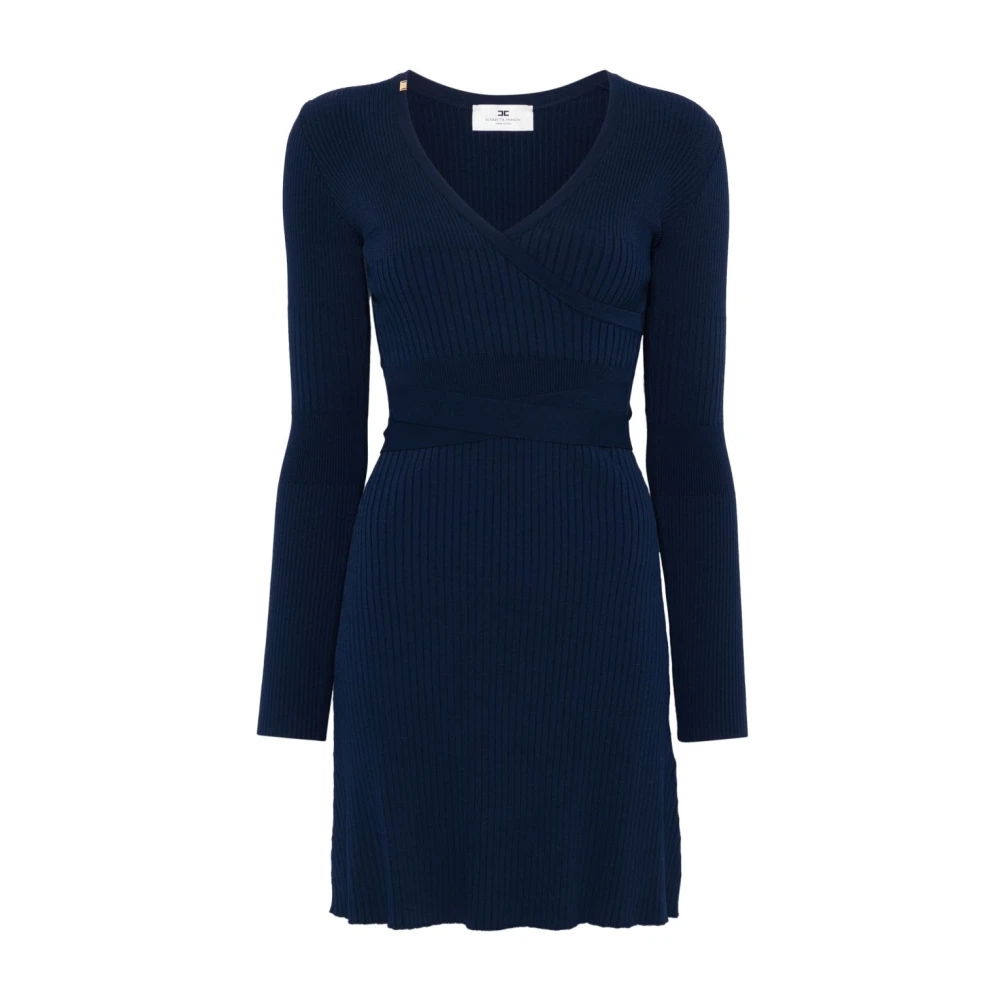 Elisabetta Franchi Blauwe Geribbelde V-Hals Mini Jurk Blue Dames