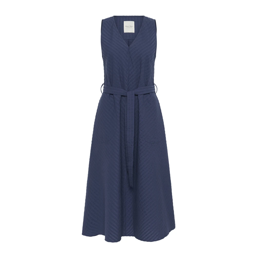 Part Two Women's Blue Midi Dresses, Xl, Textured Cotton Dress With Belt