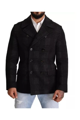 Svart Rutig Ull Trench Coat Jacka