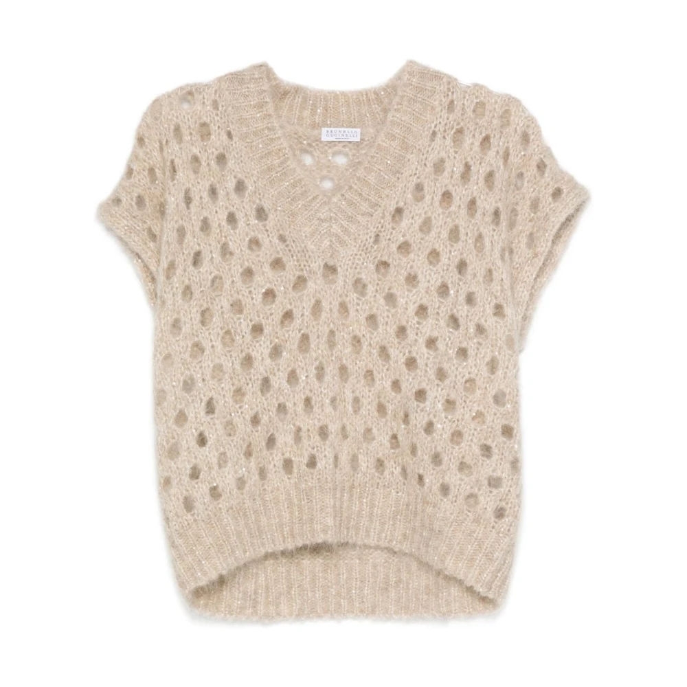 Beige V-Neck Sleeveless Open Knit Sweater - Brunello Cucinelli - Modalova