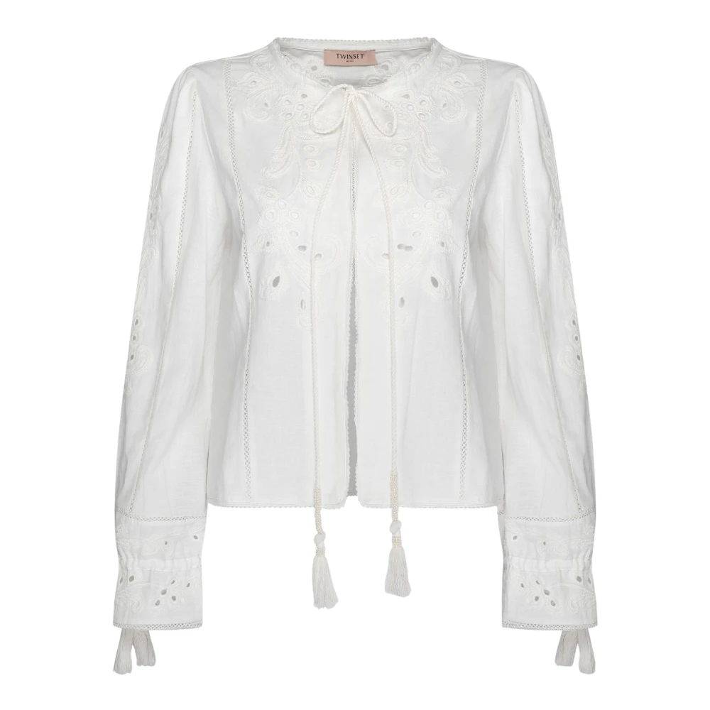 Twinset Vit Bomull Linne Skjorta med Pintuck Broderi White, Dam