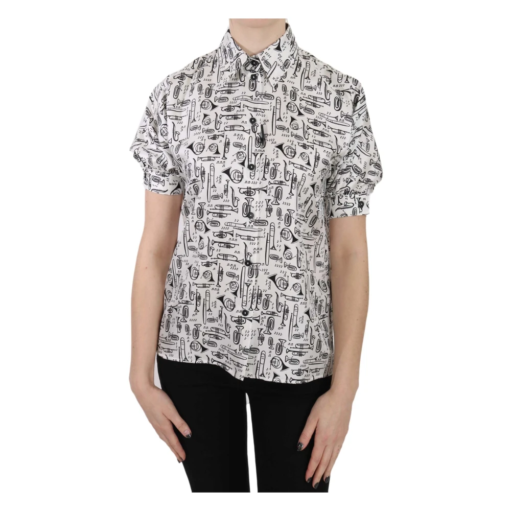 Dolce & Gabbana Women's White Trumpet Print Silk Top - Shirts - 2XS- Blouses & Shirts