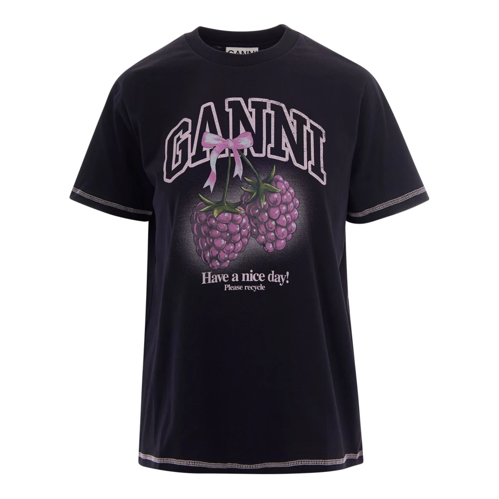 Ganni Women's Black T-Shirts, Xs, Basic Cotton Jersey Raspberry Print