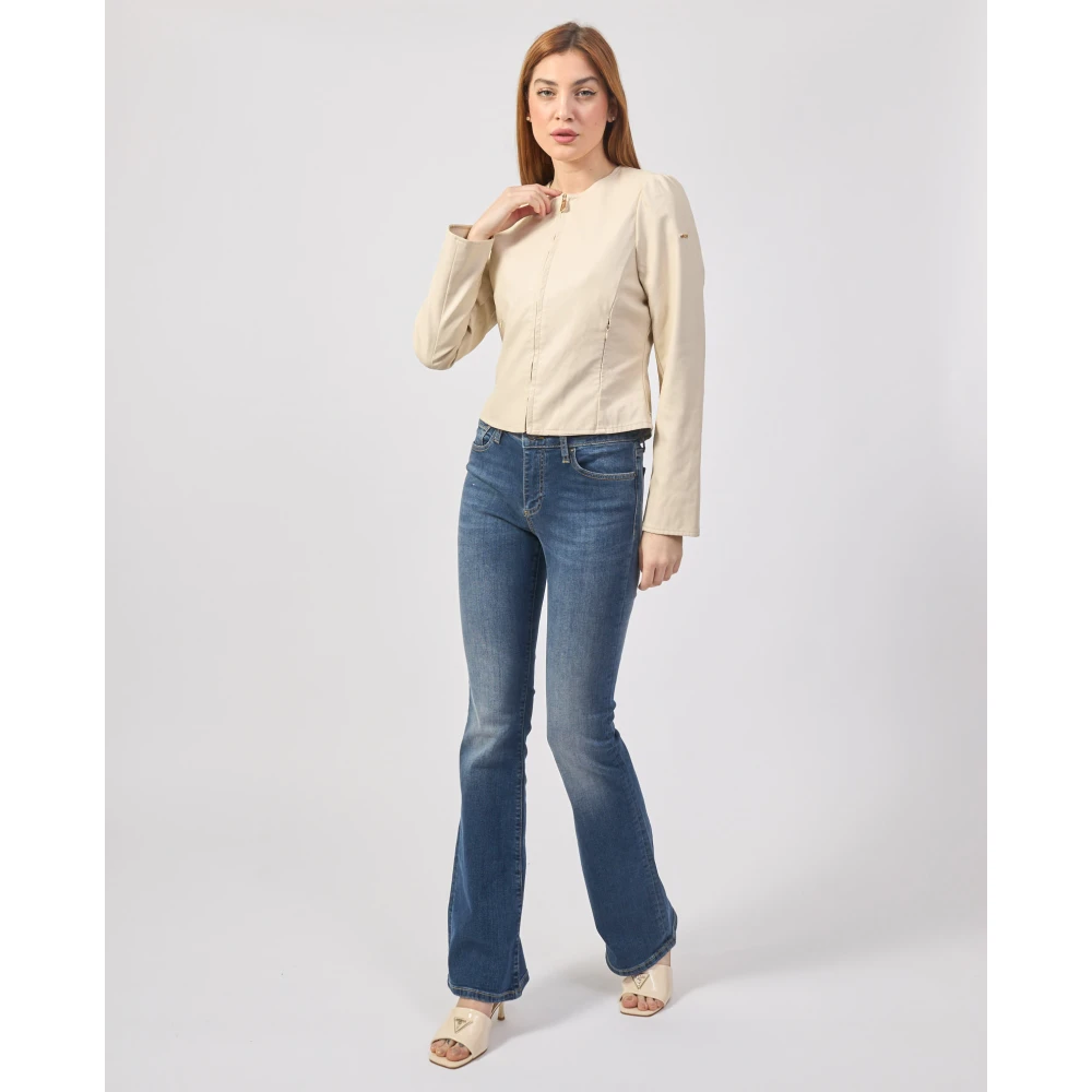 YES ZEE Beige Leren Jas met Strepen Beige Dames