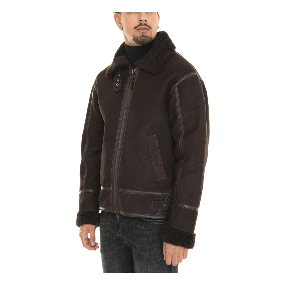 Roy Roger's Shearling Leren Trim Jas met Rits Brown Heren