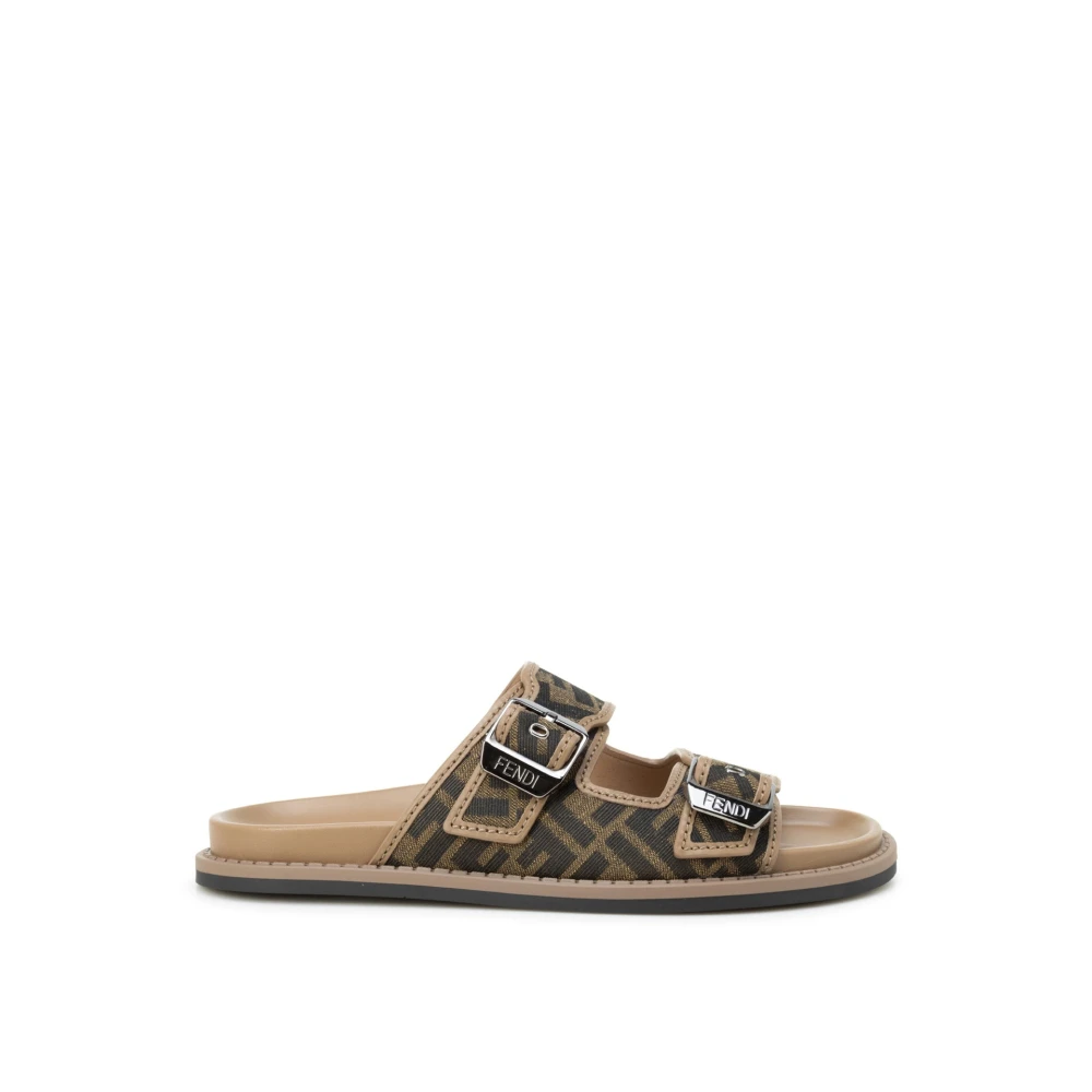 Fendi , Sliders, Male, Brown, 8 Uk, Flat Sandals With Ff Jacquard Pattern