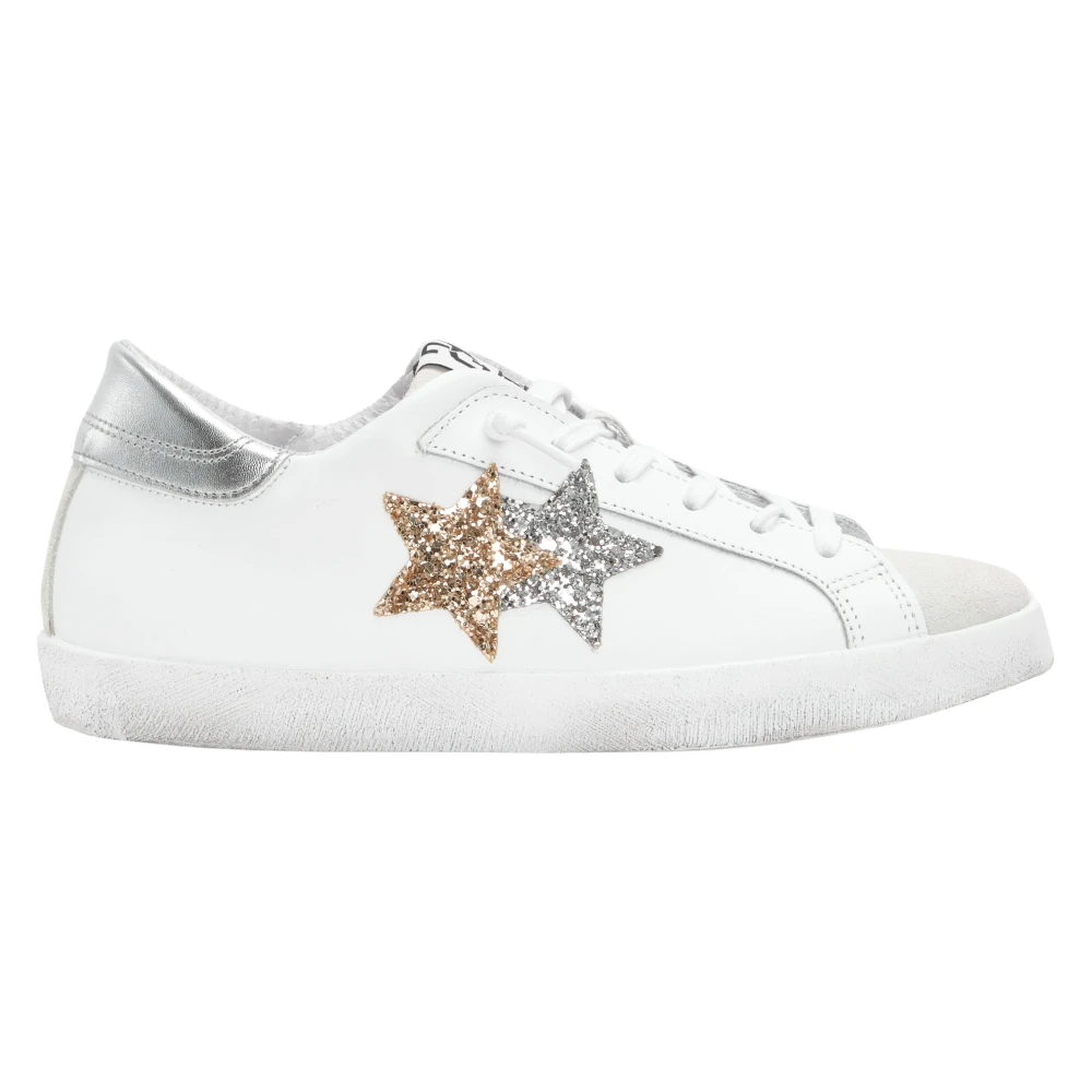 2Star Witte Leren Sneakers met IJs- en Goudglitterdetails Dames Schoenen