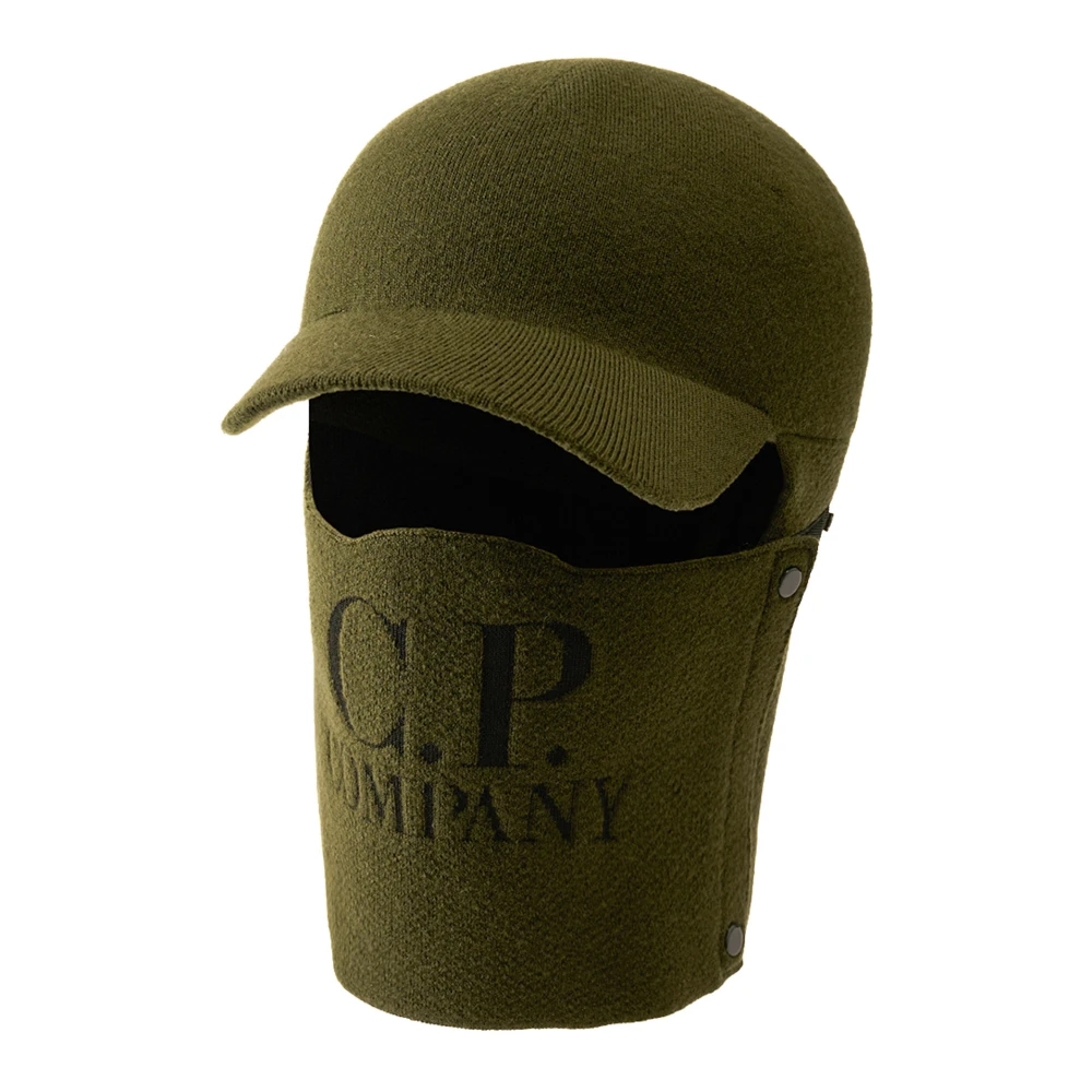 C.p. Company Men's Green Cuffia In Lana Merino Con Logo