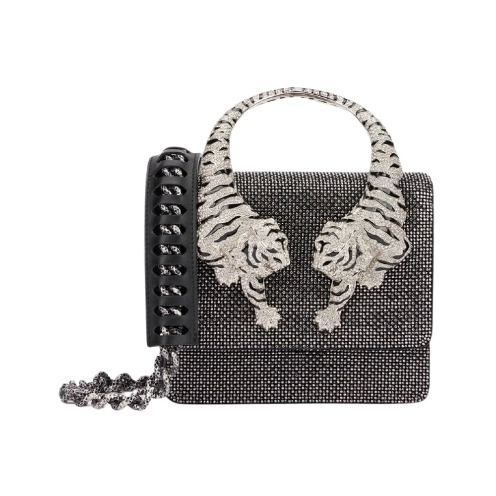 Roberto Cavalli Black Handbags, Female, One Size, Tiger Rhinestone Leather Bag