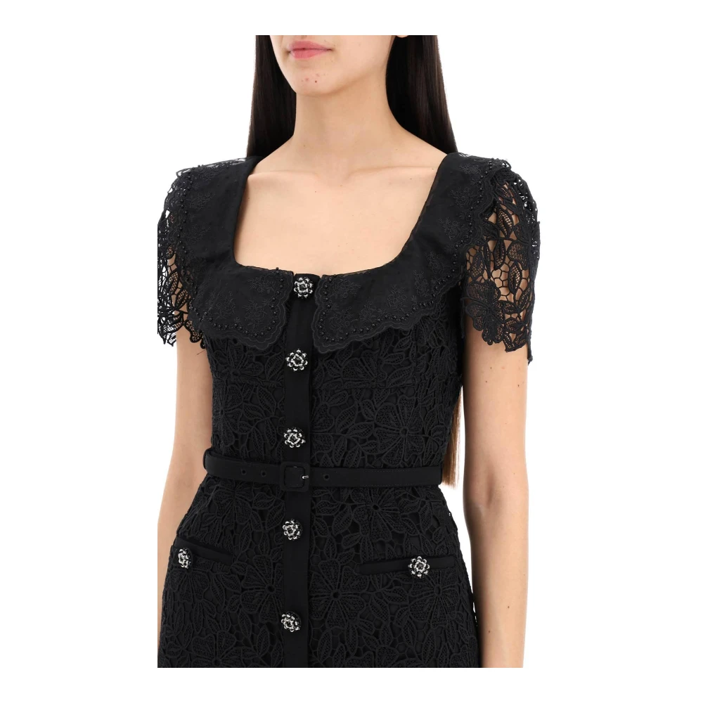 Self Portrait Midi Jurk van Guipure Kant met Siersteen Black Dames