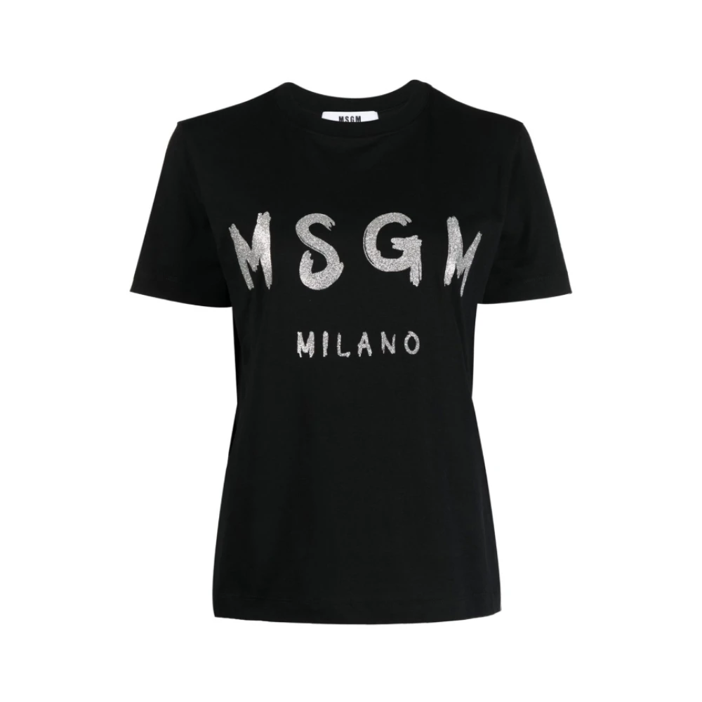 Msgm Svart T-shirt med främre tryck Black, Dam