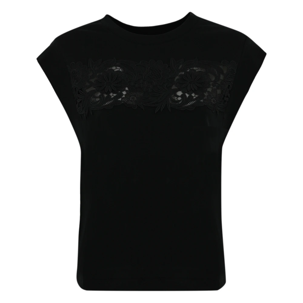Twinset Zwarte bloemen kant katoenen T-shirt Black Dames