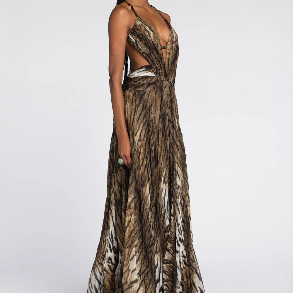 Roberto Cavalli Tijgerprint Maxi Zijden Jurk Multicolor Dames