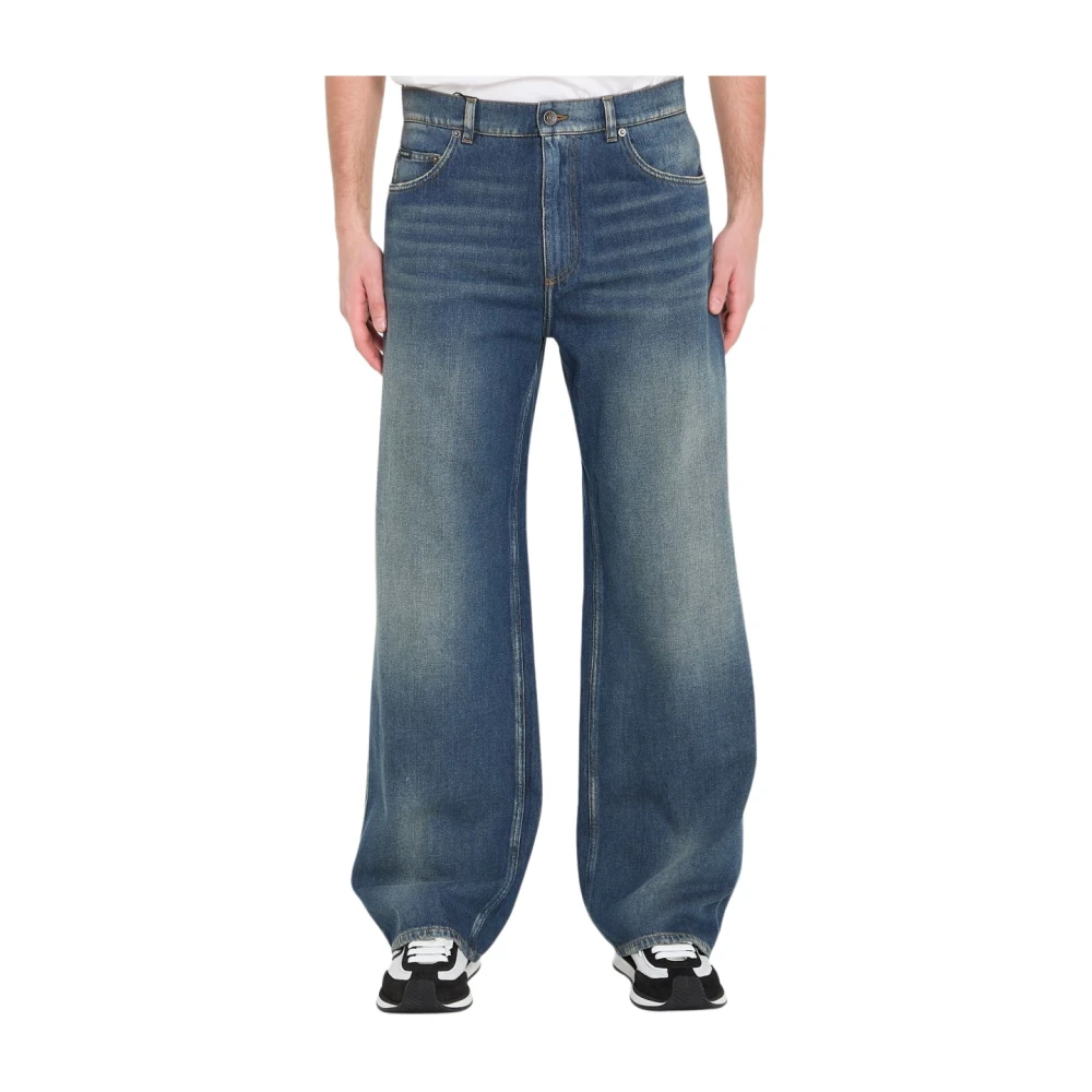 Dolce & Gabbana Men's Blue Wide Jeans, Xl, Logo Plaque Jeans