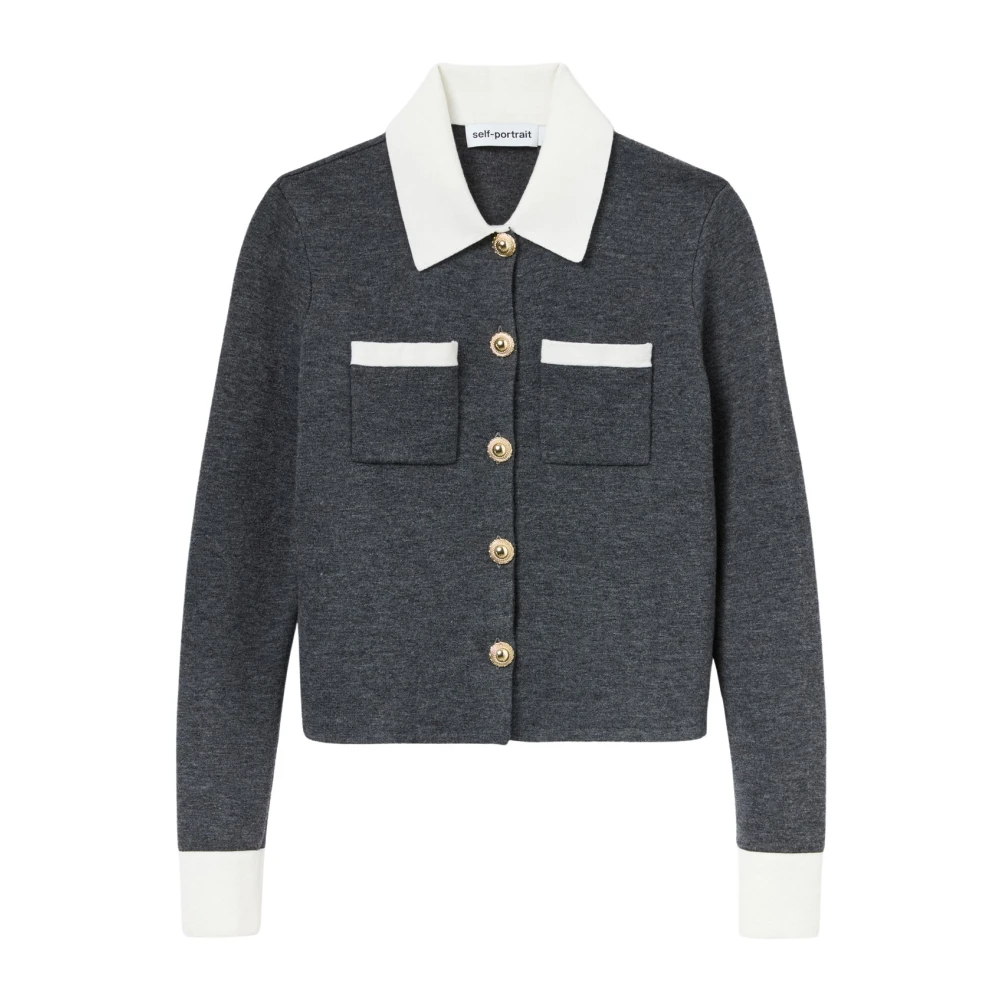 Self Portrait Women's Gray Cardigans, S, Contrast Collar Cardigan