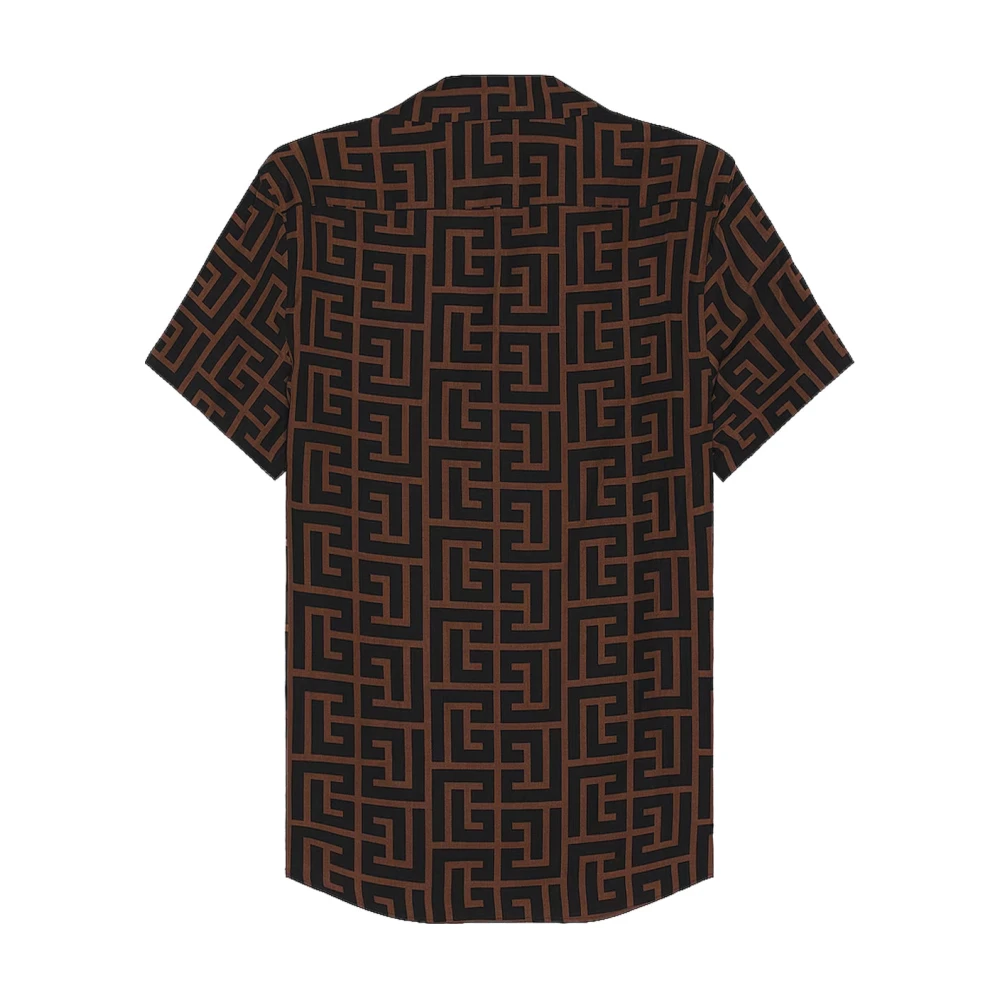 Balmain Monogram Print SS Overhemd Donkerbruin Zwart Brown Heren