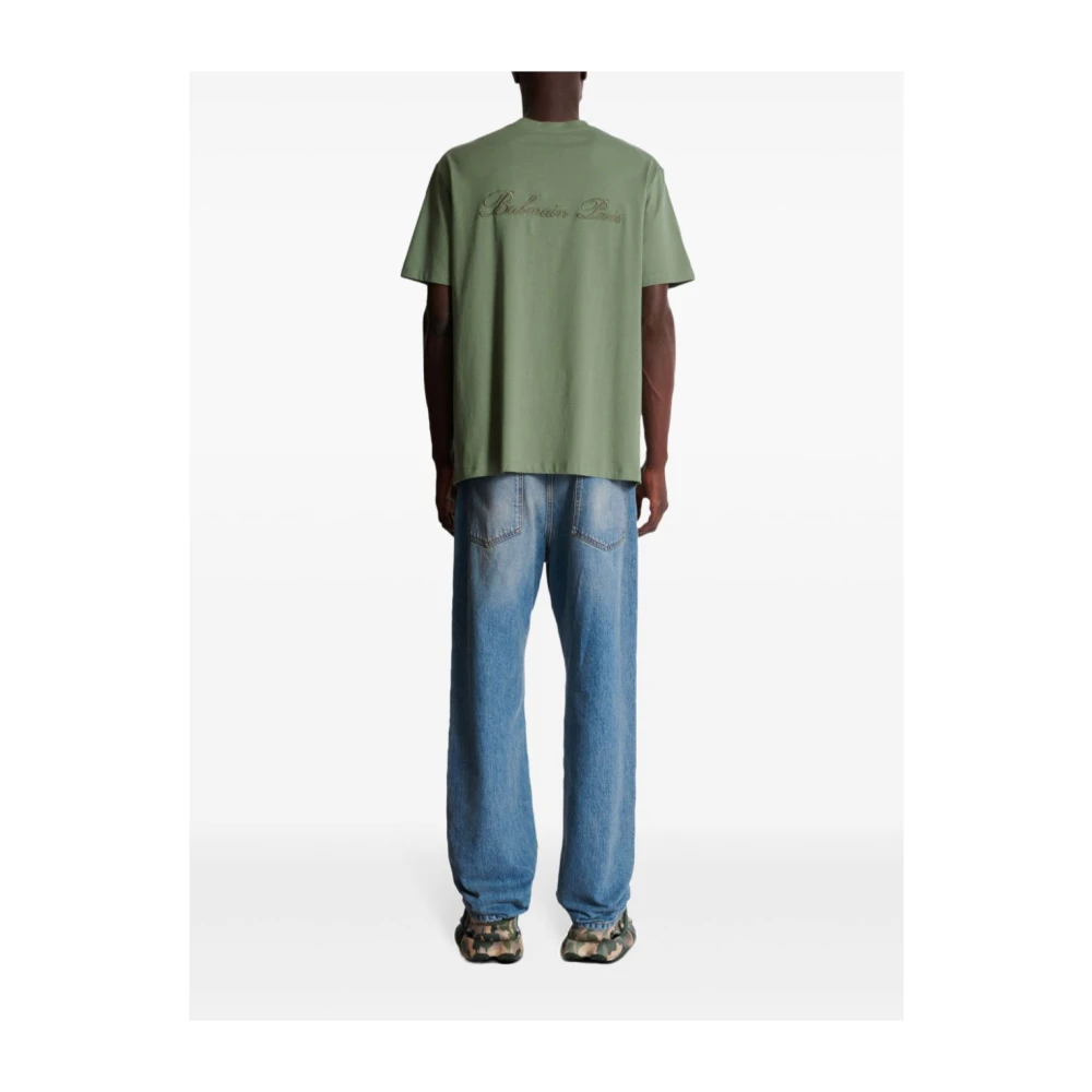 Balmain Geborduurd Logo Olijfgroen T-Shirt Green Heren