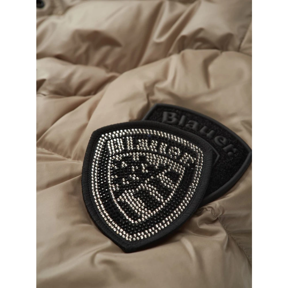 Blauer Geometrisch Gewatteerd Lang Donsjack Beige Dames