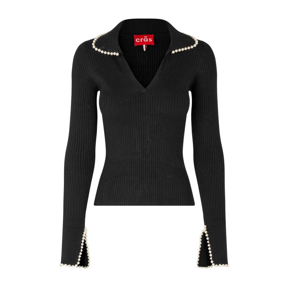 Cras Gebreide blouse met pareldetails Black Dames