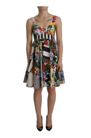 Multicolor Pachwork Poplin Floral A-Line Mini Flared Dress