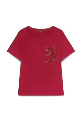Bomulls-T-shirt med virkad ficka och paljetter