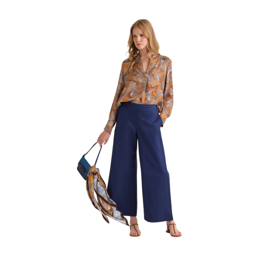 Maliparmi Women's Blue Wide Trousers, M, Stretch Cotton Trousers