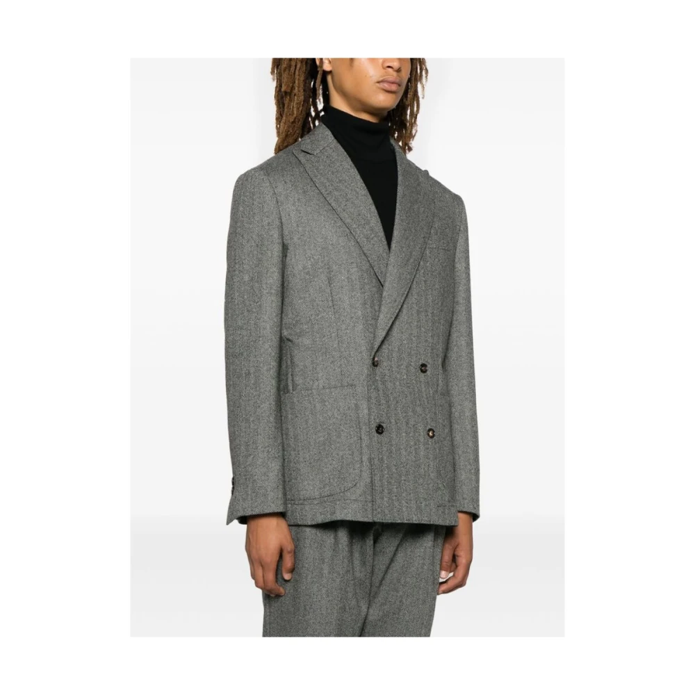Cruna Wollen Herringbone Double-Breasted Jas Gray Heren