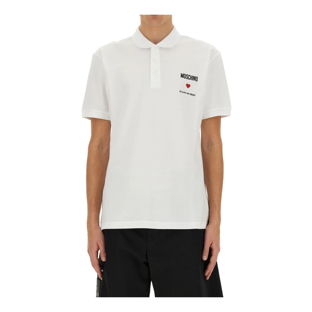 Moschino Witte Katoenen Poloshirt Hartdetail White Heren