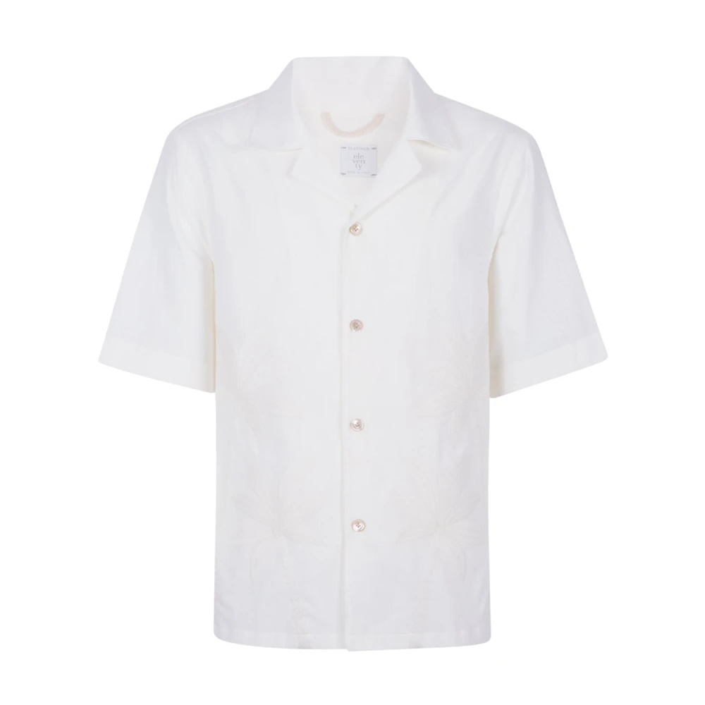 Eleventy Men's White Short Sleeve Shirts, S, Bowling Collar Embroidered Shirt
