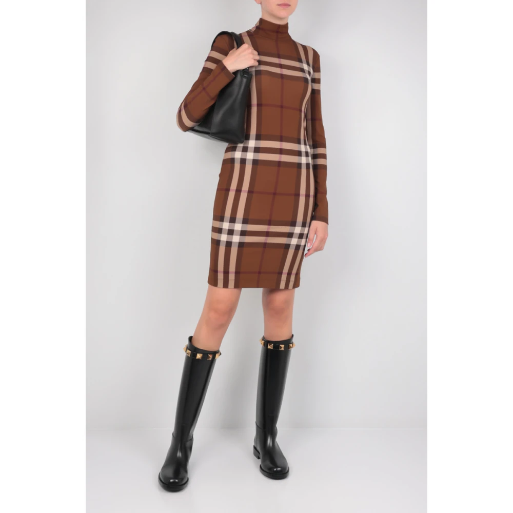 Burberry Bruine Tartan Aansluitende Jersey Jurk Brown Dames